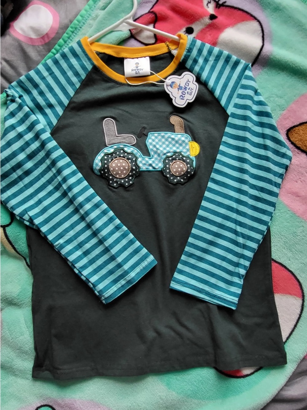 Rowdy Sprout Teal Striped Raglan Tee with Tractor Applique
